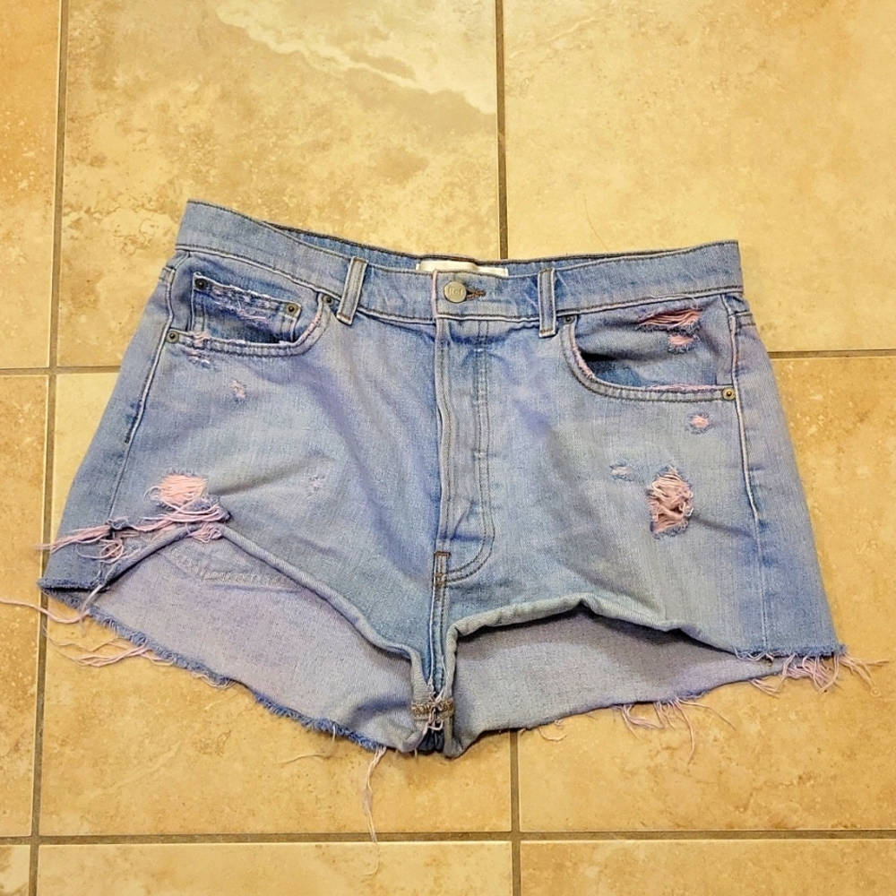 Reformation highbwaist pink tint destroyed frayed button fly denim short…